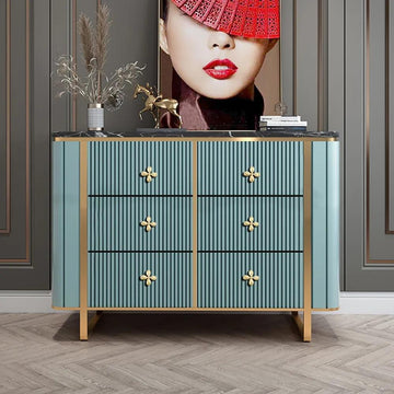 47" Modern Blue Dresser Faux Marble Top Cabinet with 6 Drawers in Gold